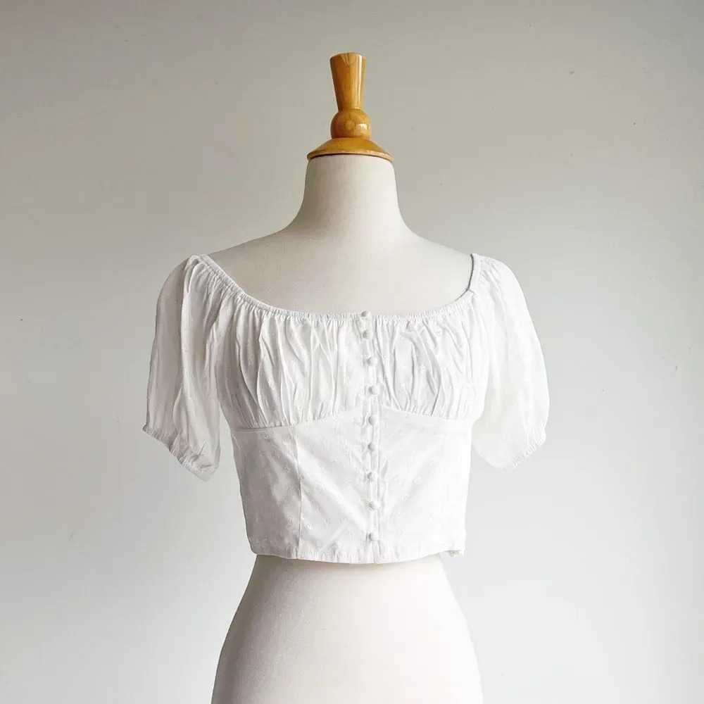 NWT KITTENISH | White Floral Puff Sleeve Milkmaid Blouse | Multiple Sizes